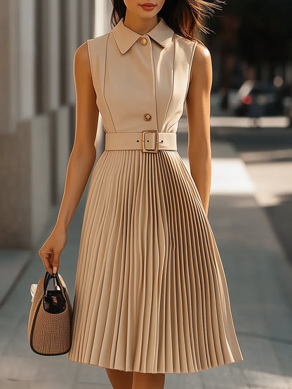Sleeveless Beige Pleated Shirt Dress Wedding Guest Dresses
