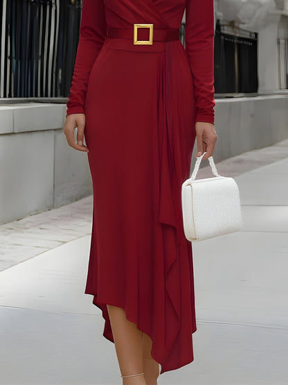 Long Sleeve Draped Midi Dress With Statement Belt