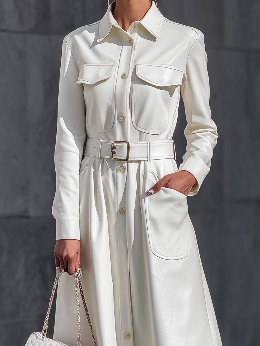 Faux Leather White Belted Maxi Shirt Dress