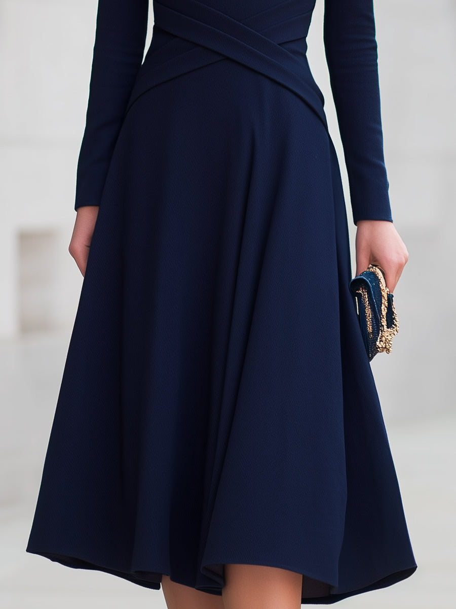 Elegant Navy Long Sleeve Fit & Flare Midi Dress