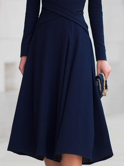 Elegant Navy Long Sleeve Fit & Flare Midi Dress