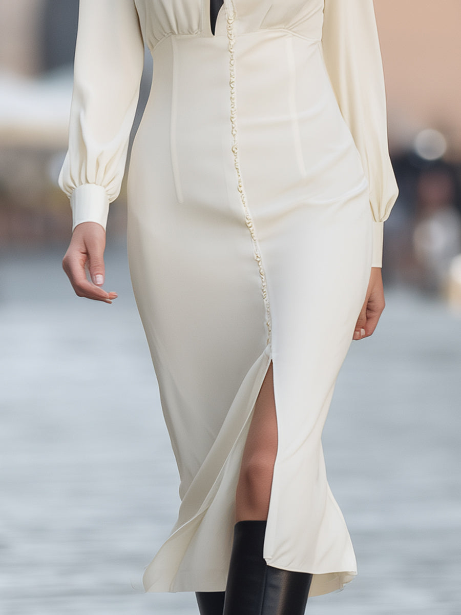 Ivory Contrast-Bow Buttoned Midi Dress