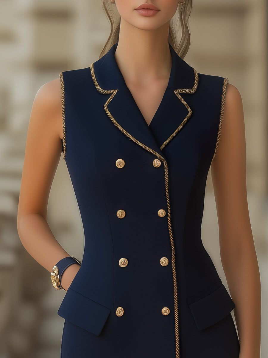 Double-Breasted Sleeveless Blazer Dress With Gold Trim Wedding Guest Dresses