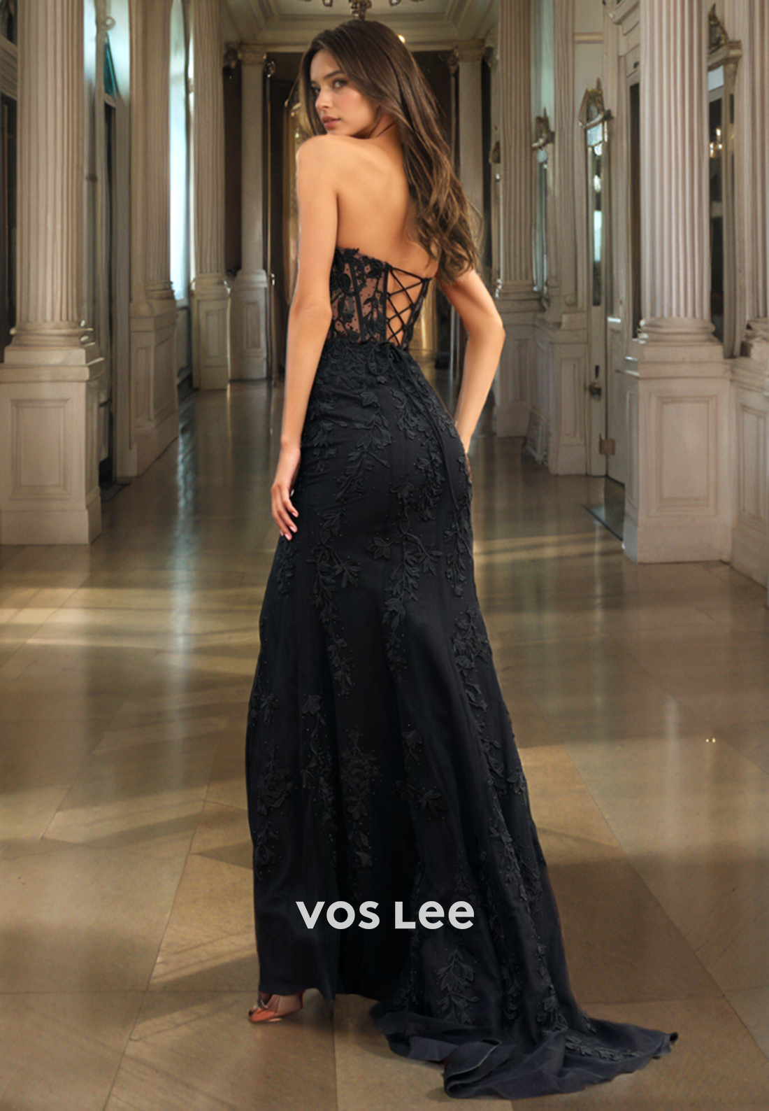 Elegant Black Lace Evening Prom Dresses Sweetheart Strapless Club Night Party Dress