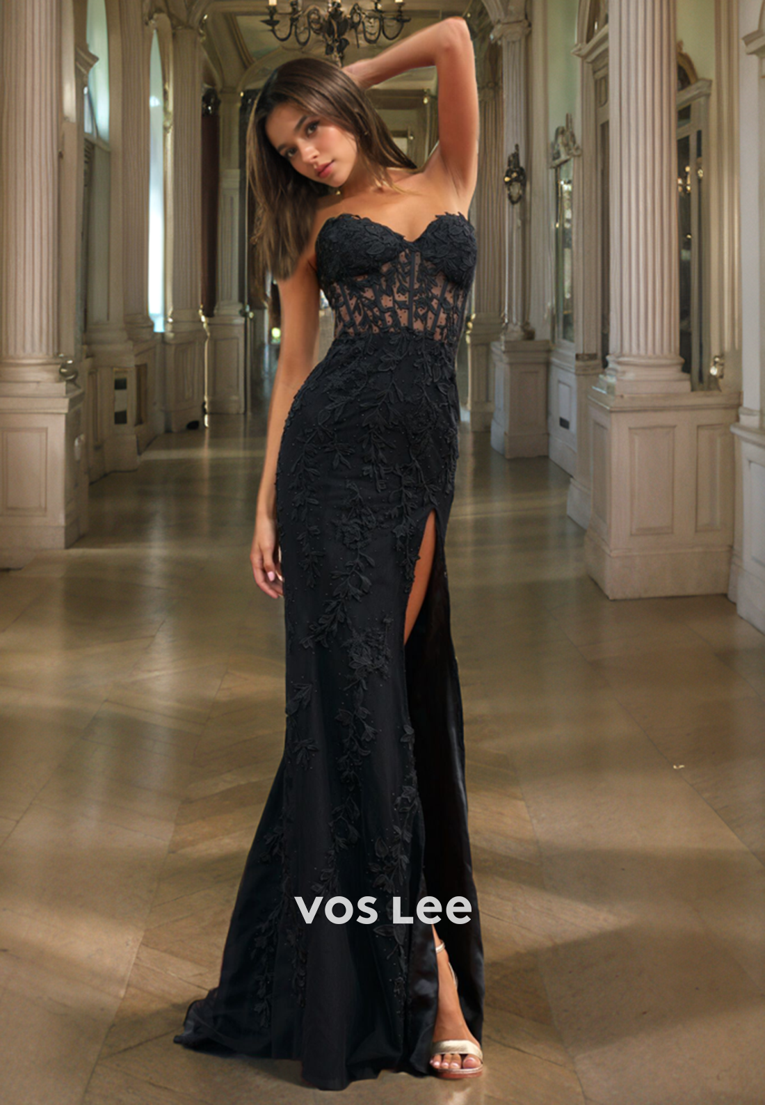 Elegant Black Lace Evening Prom Dresses Sweetheart Strapless Club Night Party Dress