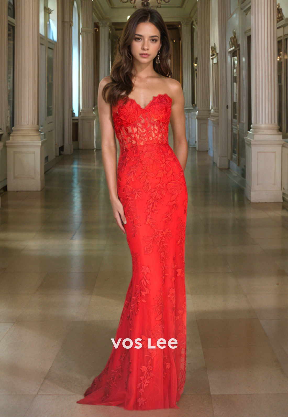 Sweetheart Strapless Lace Red Quinceanera Dress Sleeveless Elegant Prom Dress