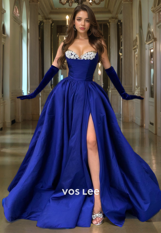 A-Line Satin Royal Blue Evening Prom Gown Sweetheart Strapless Long Dress with Free Gloves