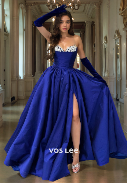 A-Line Satin Royal Blue Evening Prom Gown Sweetheart Strapless Long Dress with Free Gloves