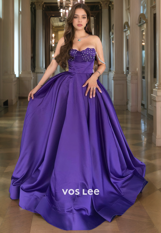 A-Line Purple Satin Off-Shoulder Quinceanera Dress Sweetheart Floor Length Prom Dress