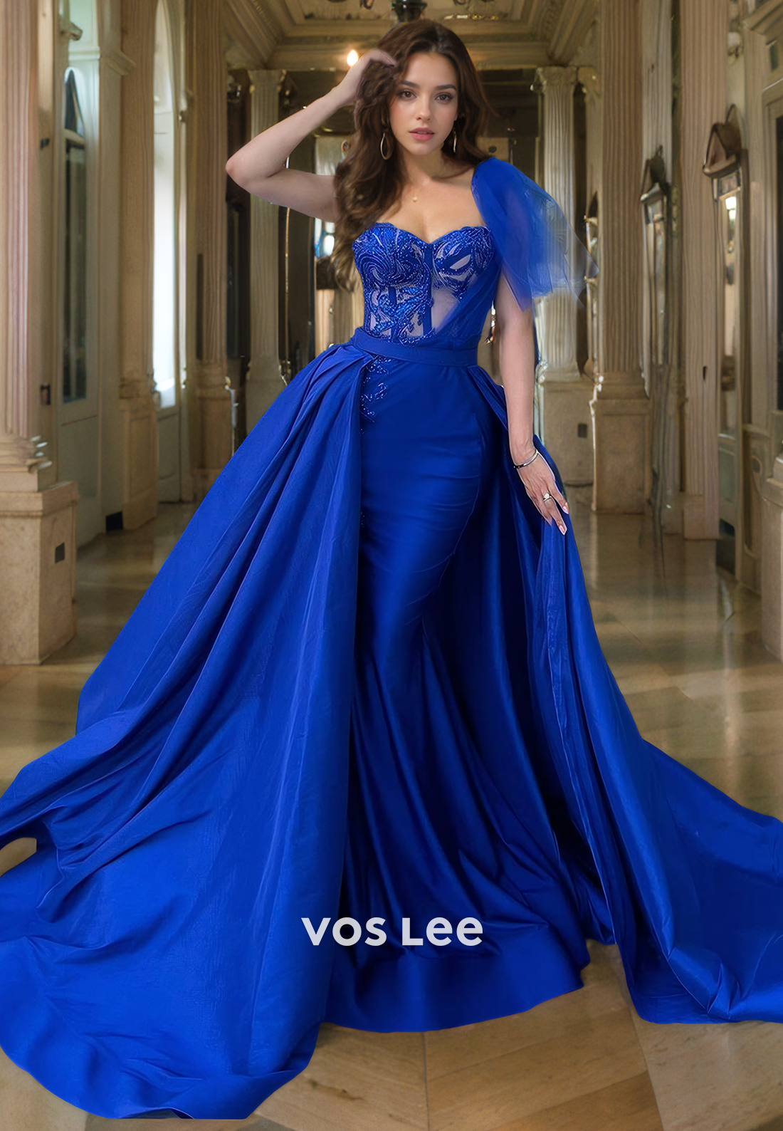 Luxury Royal Blue Sweetheart Evening Party Gown One Shoulder Satin Mermaid Prom Dress with Detached Train