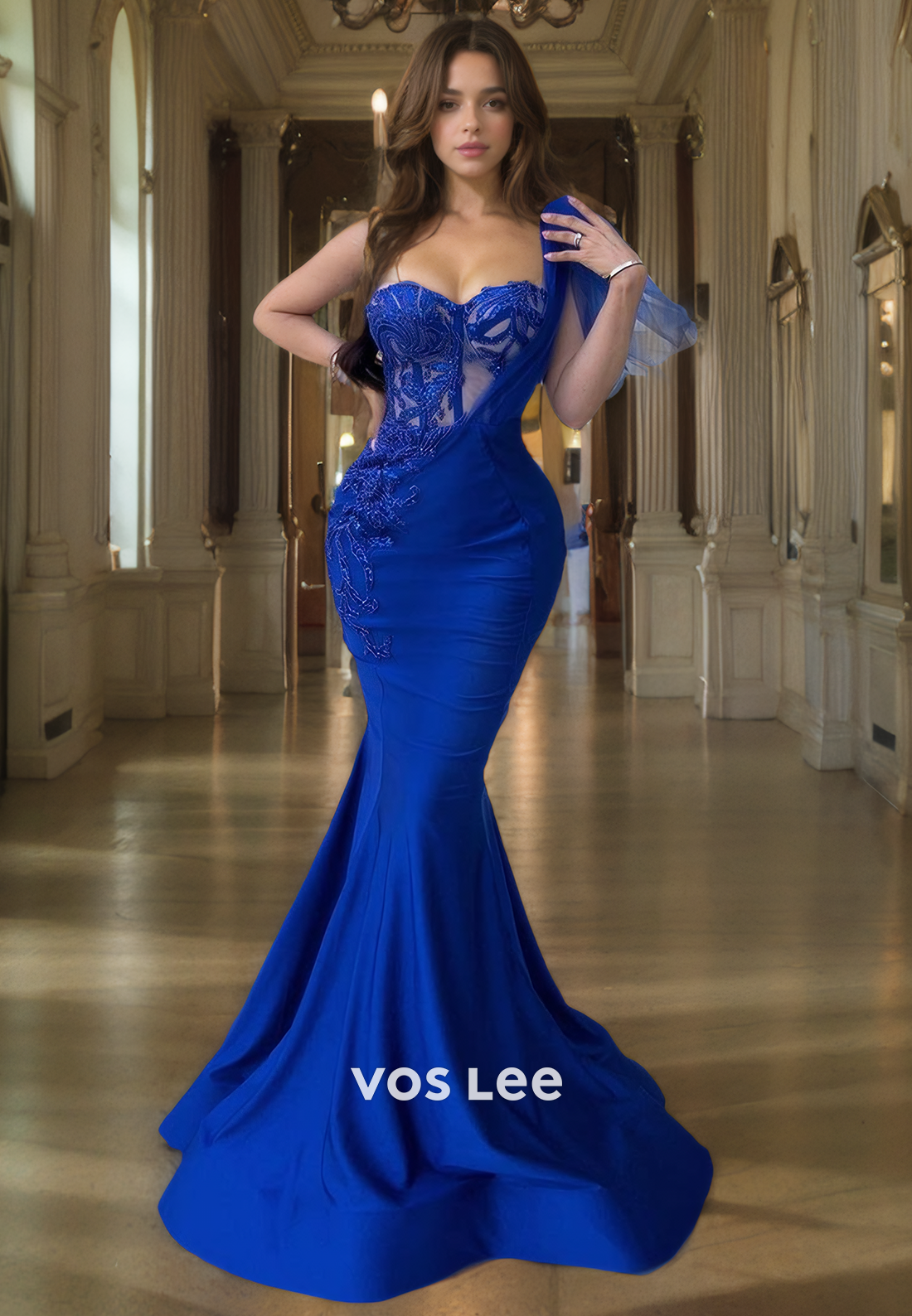 Luxury Royal Blue Sweetheart Evening Party Gown One Shoulder Satin Mermaid Prom Dress with Detached Train