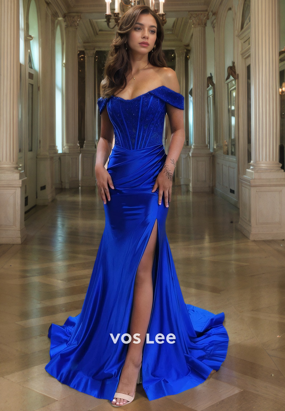 Royal Blue Satin Mermaid Quinceanera Dress Off-Shoulder Zipper Back Party Gown with High Slit