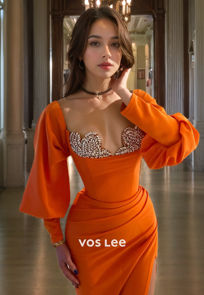 Sweetheart Graceful Orange Long Sleeves Cocktail Dress Mermaid Evening Party dress