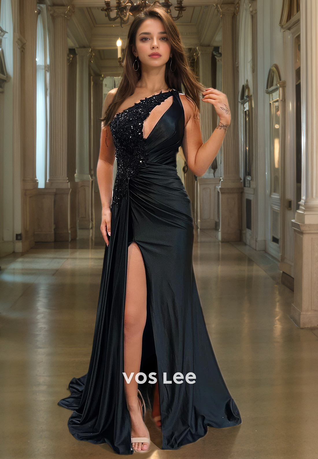 Elegant Satin Appliqued One Shoulder Evening Party Dresses Satin Floor Length Prom Gown