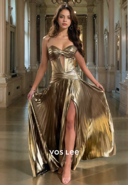 Luxurious Sweetheart Gold Strapless Prom Dress with Slit Pleated Sleeveless Formal Cocktail Dresses