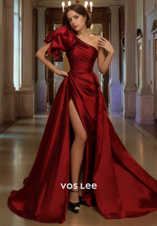 Burgundy Satin A-Line Luxury Prom Dress One Shoulder Side Slit Evening Party Dresses