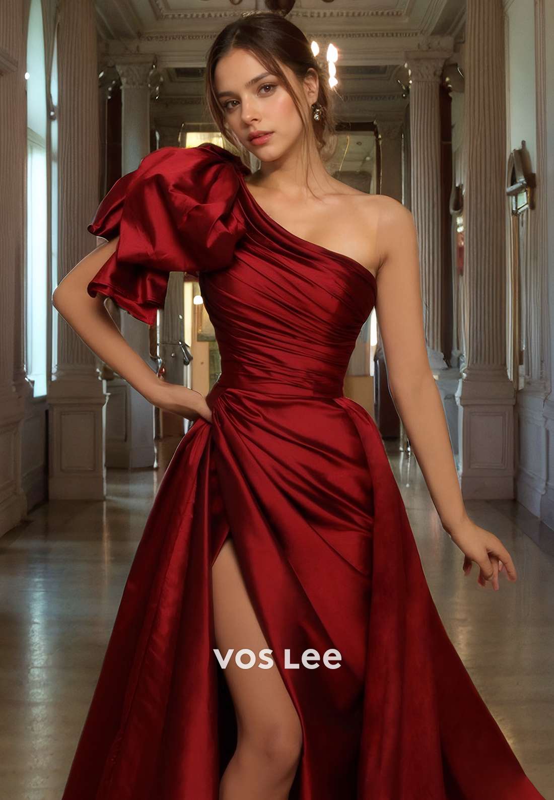 Burgundy Satin A-Line Luxury Prom Dress One Shoulder Side Slit Evening Party Dresses