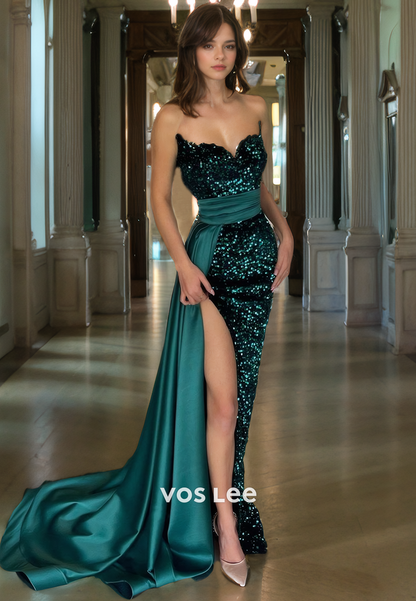 Sparkly Dark Green Sweetheart Prom Gown Strapless Sequins Side Slit Quinceanera Dress