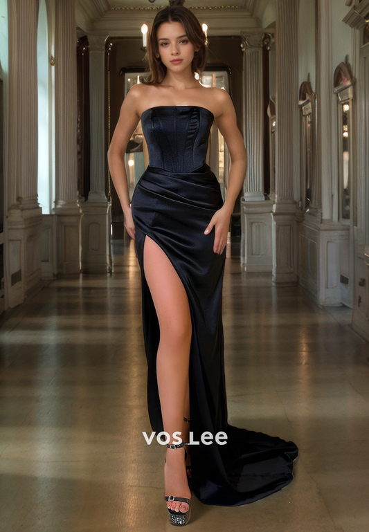 Elegant Black Strapless Side Slit Prom Dress Satin Floor Length Quinceanera Dress