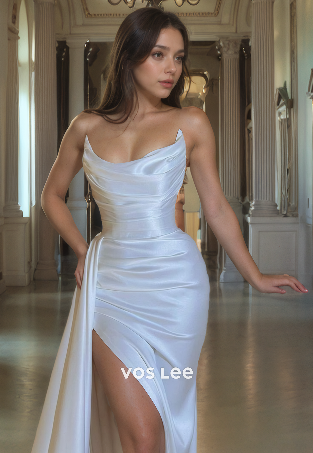 Elegant Strapless White Evening Prom Gown Satin Side Slit Floor Length Party Dresses