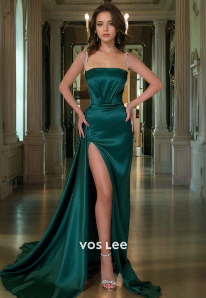 A-Line Dark Green Spaghetti Straps Quinceanera Dress Zipper Back Satin Prom Gown