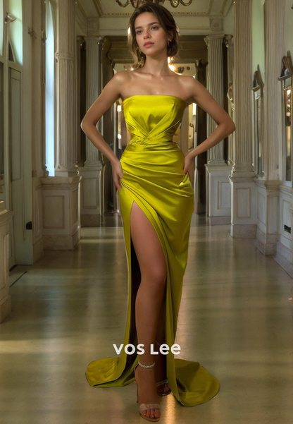 Elegant Satin Yellow Side Split Pageant Dresses Strapless Pleated Evening Party Dress