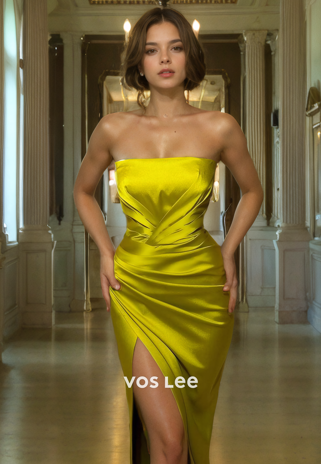 Elegant Satin Yellow Side Split Pageant Dresses Strapless Pleated Evening Party Dress