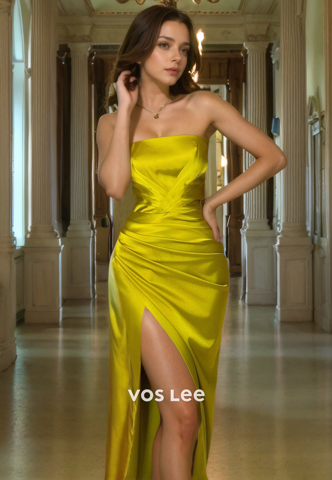 Elegant Satin Yellow Side Split Pageant Dresses Strapless Pleated Evening Party Dress