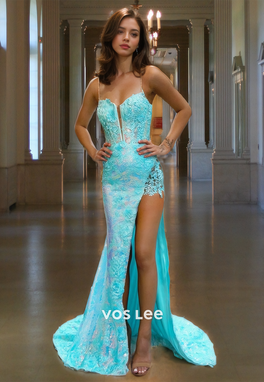 Sky Blue Asymmetric Lace Prom Dresses with High Slit Spaghetti Straps Corset Back Cocktail Dress