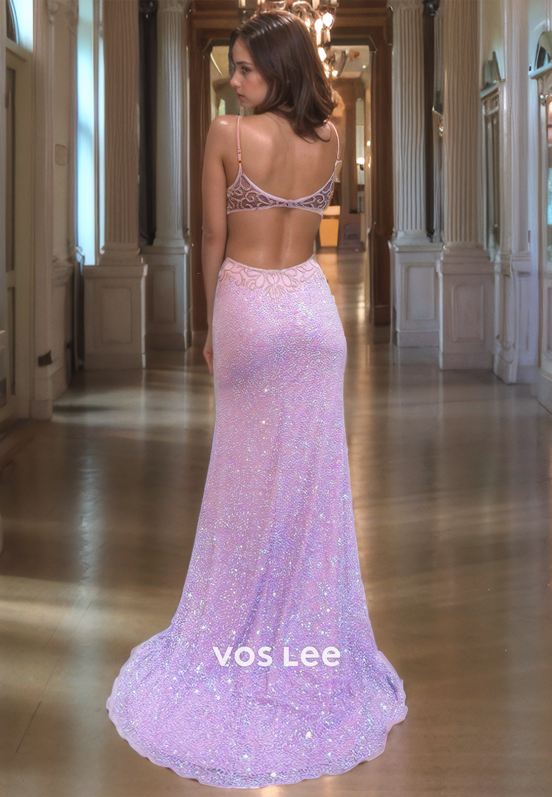 Gorgeous V Neck Lilac Quinceanera Dresses Spaghetti Straps Floor Length Backless Evening Party Dress