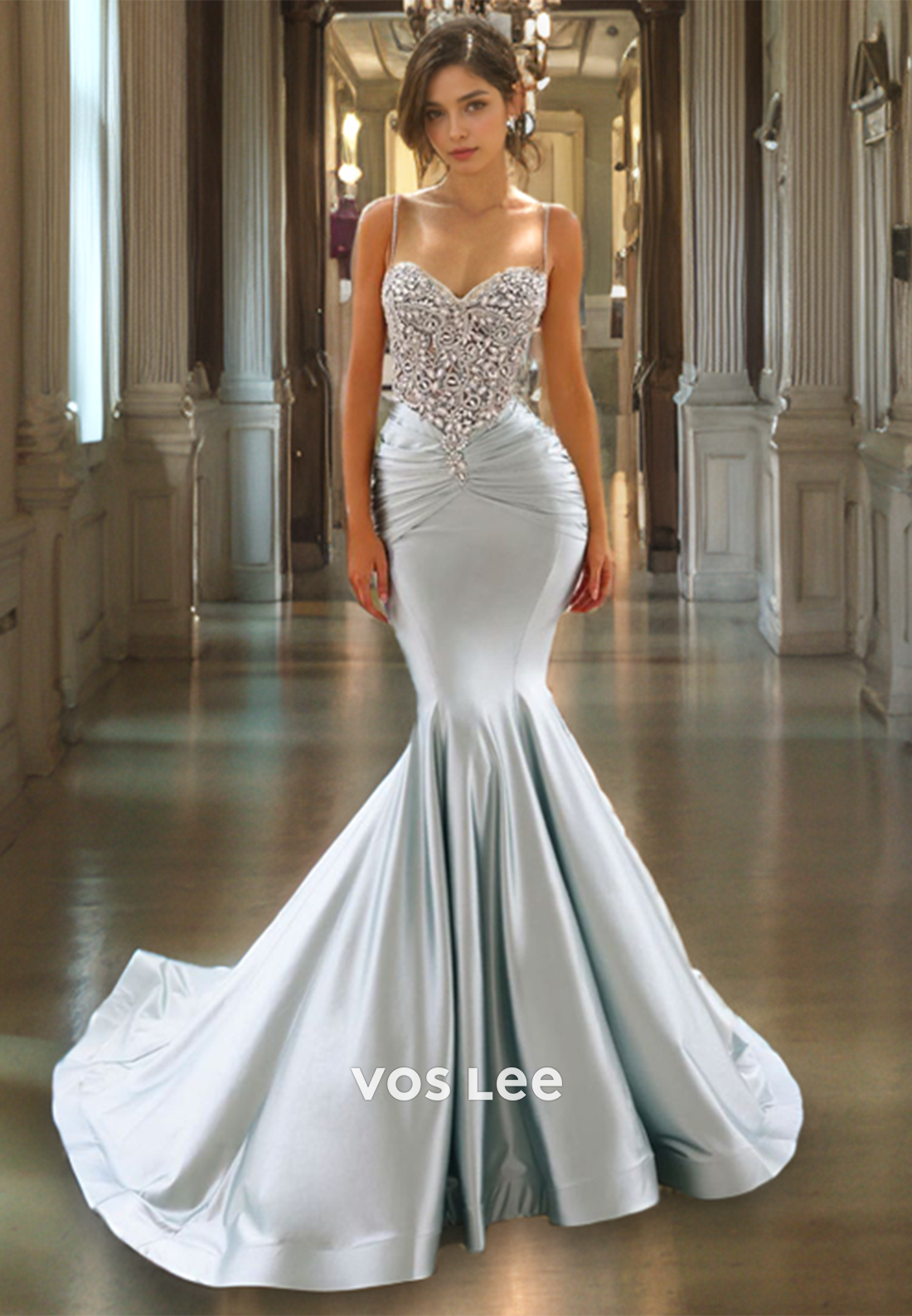 Luxury Mermaid Silver Sweetheart Prom Dress Beads Spaghetti Straps Satin Quinceanera Dresses