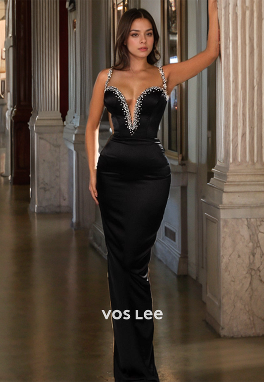 V-Neck Black Spaghetti Straps Pageant Dress Beads Luxury Floor Length Evening Party Dress