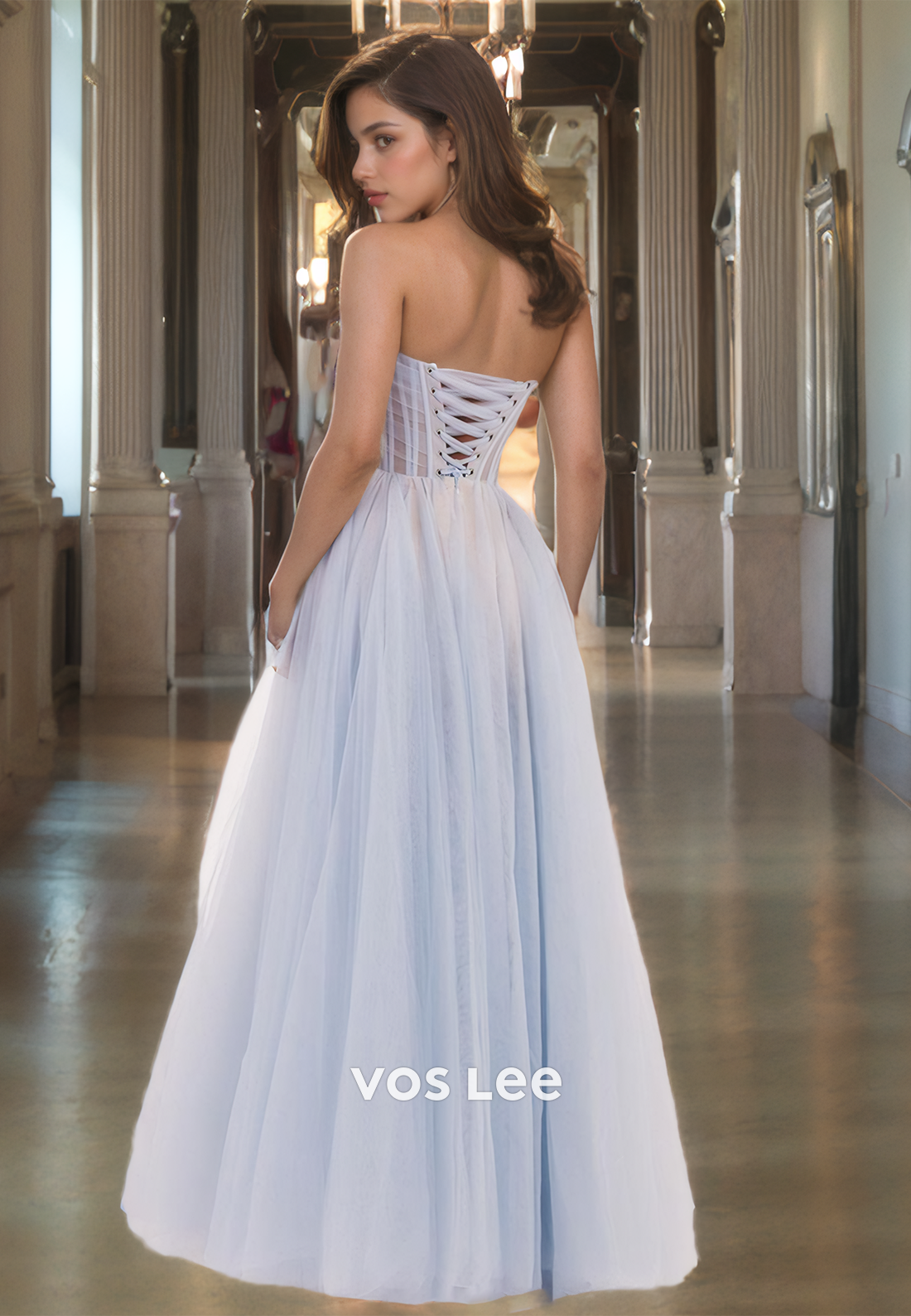 A-Line Tulle Sky Blue Strapless Quinceanera Gown Corset Back Ruched Fancy Prom Dress