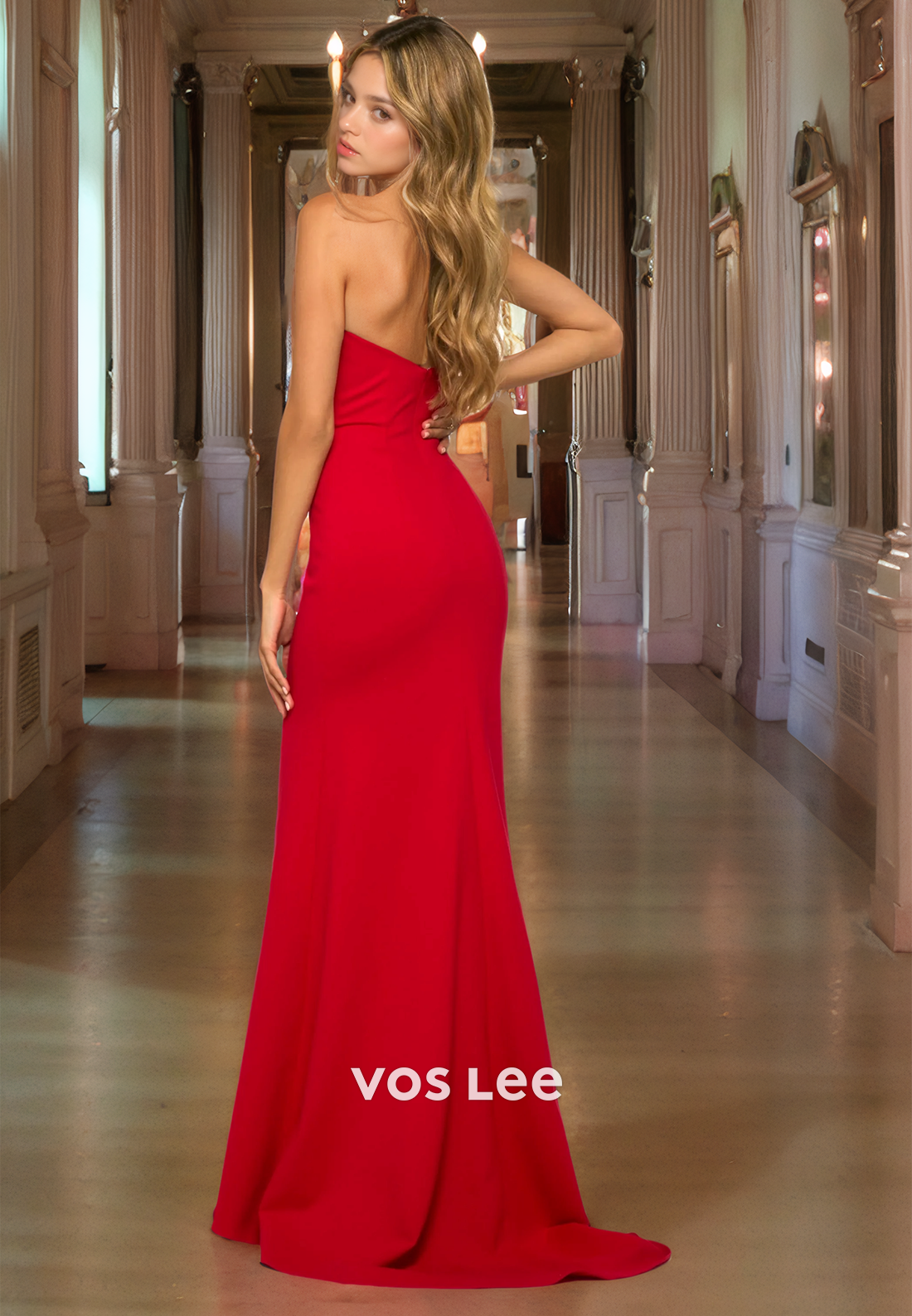 Plunging V-Neck High Slit Beaded  Prom Dress