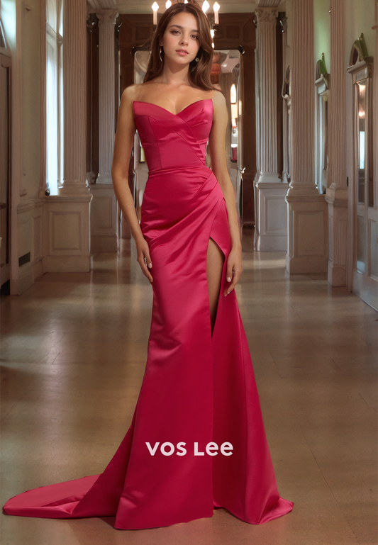 Sheath/Column V-Neck Strapless Sweep Train Satin Prom Dress with High Slit