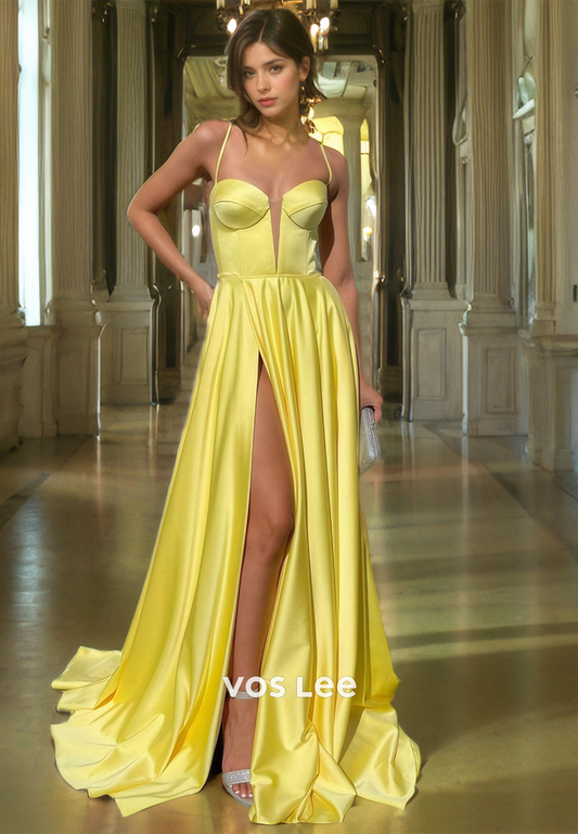 A-Line Sweetheart Pleated Court Train Prom Dress with High Slit