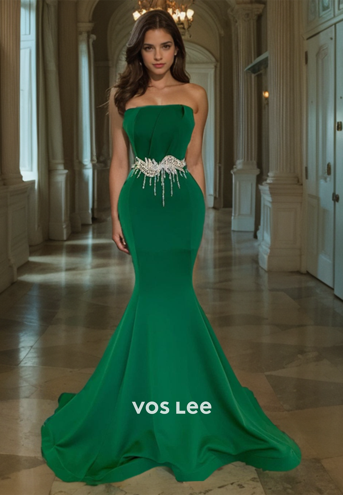 Trumpet/Mermaid Strapless Court Train Prom Dress with Crystal Belt