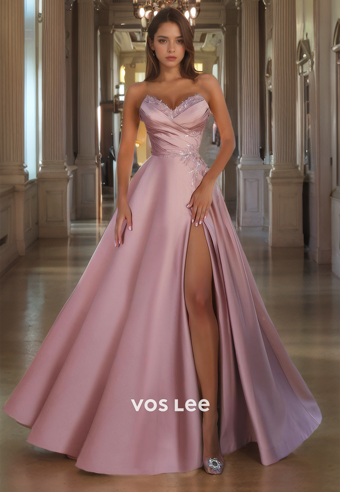 A-Line V-Neck Floor-Length Prom Dress with High Slit and Appliques