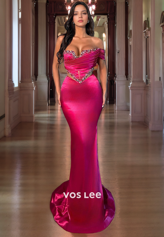 Sheath/Column One Shoulder Cutout Satin Prom Dress with High Slit and Rhinestone Sashes