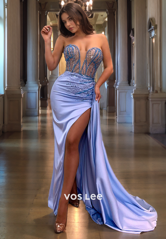 Trumpet/Mermaid  Low-V-Neck Pleated Satin Prom Dress with High Slit and Beaded Top