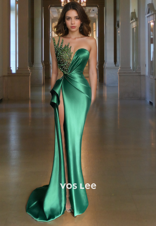 Trumpet/Mermaid Low-V-Neck Beaded Satin Prom Dress with High Slit