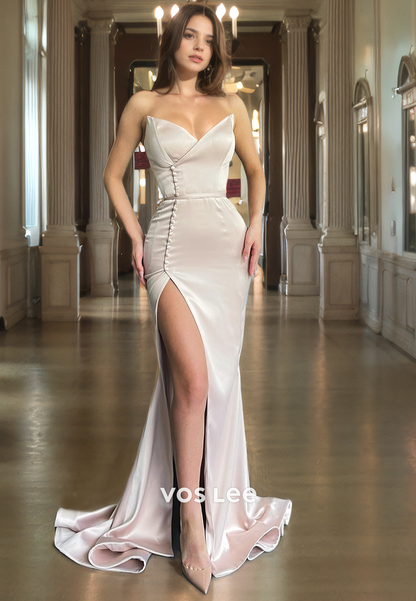 Trumpet/Mermaid Strapless Satin Prom Dress with High Slit