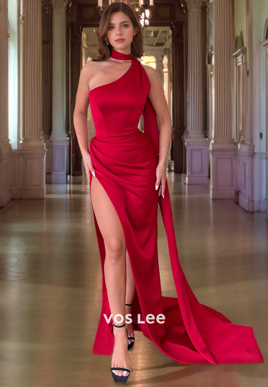 Sheath/Column One Shoulder Court Train Red Satin Prom Dress with High Slit