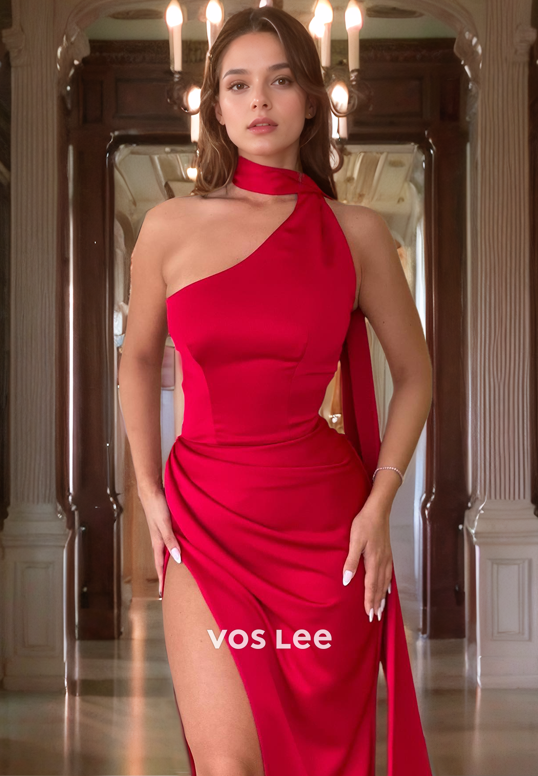 Sheath/Column One Shoulder Court Train Red Satin Prom Dress with High Slit