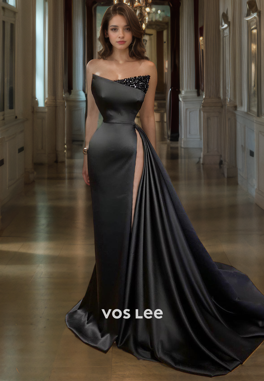 Sheath/Column Strapsless Pleated Satin Prom Dress with High Slit