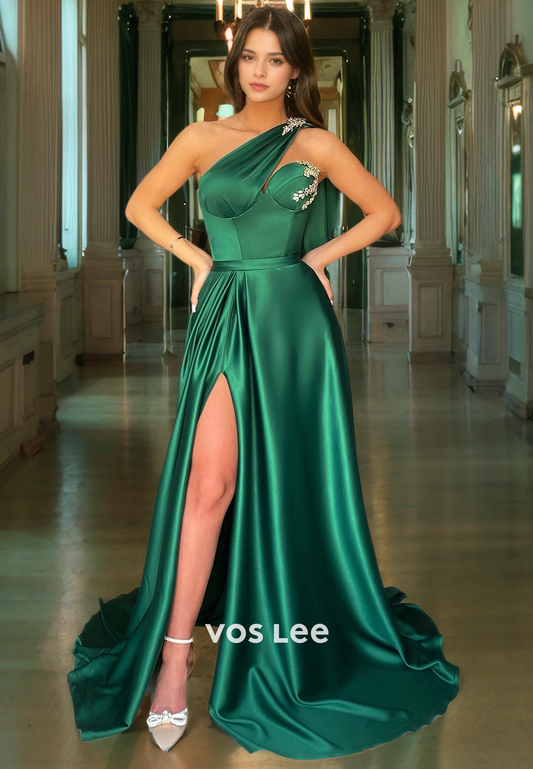 A-Line One Shoulder Beaded Satin Prom Dress with High Slit