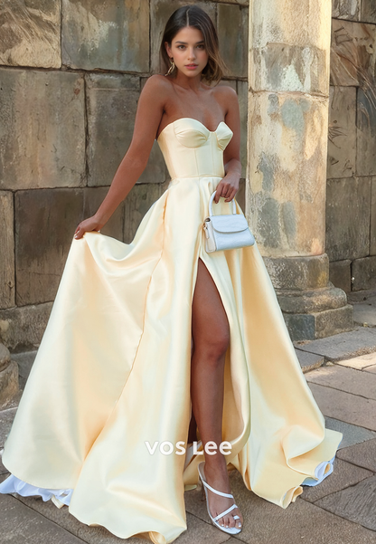 Classy Yellow Strapless Cocktail Dress A-Line Sweetheart Split Long Prom Dress