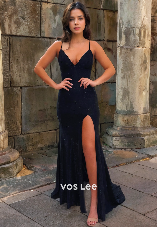 Classy Sparkly Black/Blue Long Formal Evening Dress Sheath/Column Spaghetti Straps V Neck Prom Dress with Slit