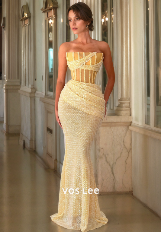 Elegant Yellow Lace Strapless Formal Evening Dress Trumpet/Mermaid Long Prom Dress