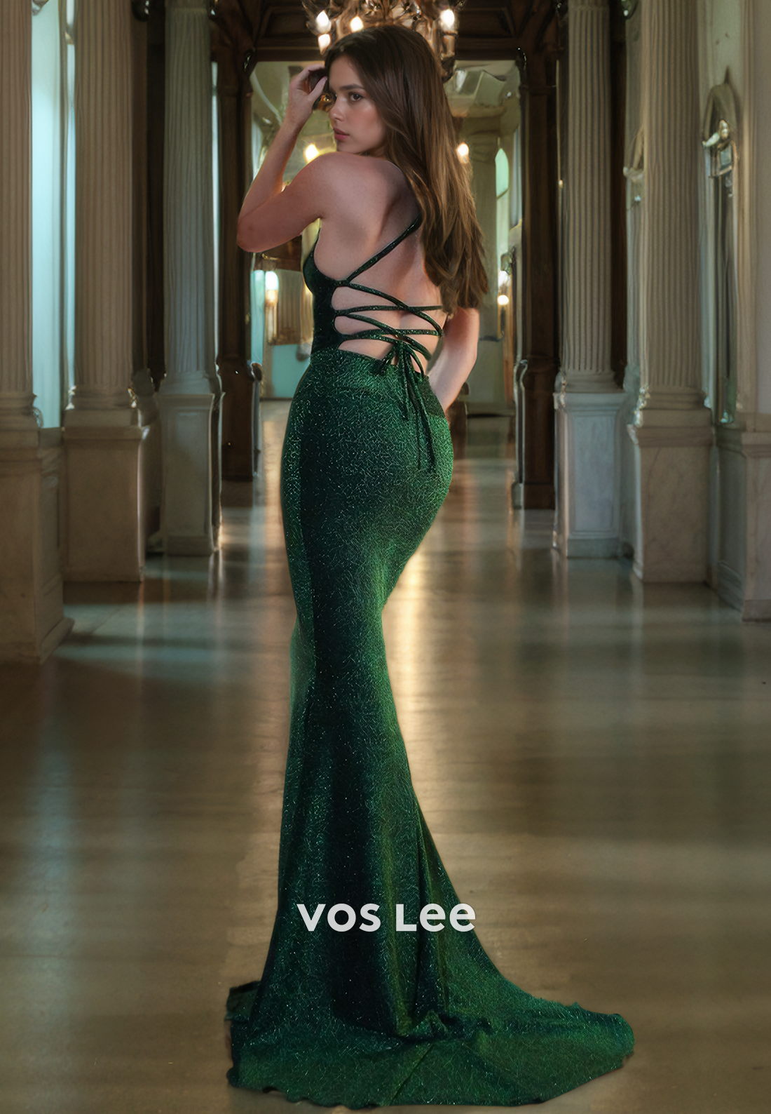 Classy Sparkly Dark Green Satin Formal Evening Dress Trumpet/Mermaid V-Neck Long Prom Dress